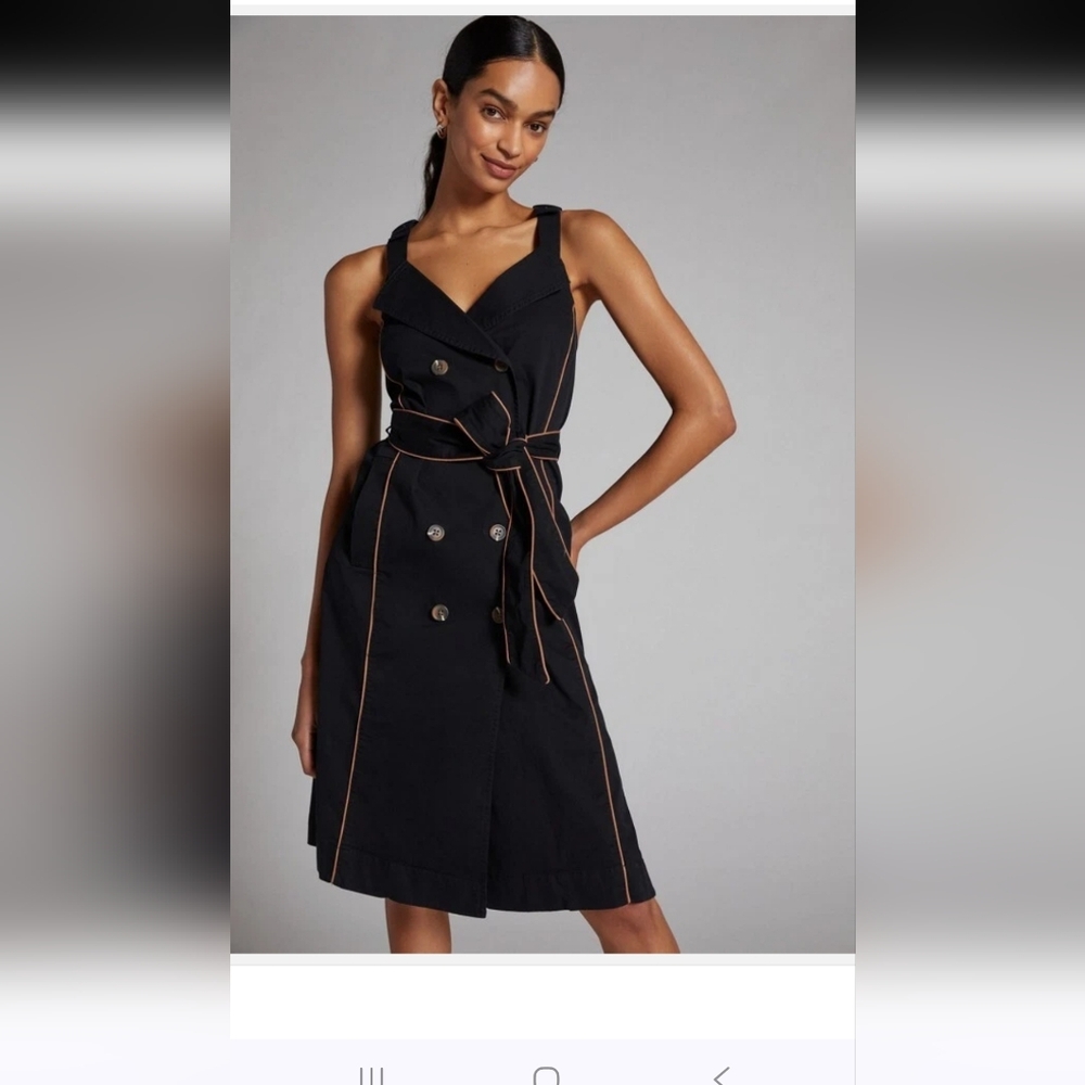 Anthropologie Maeve Trench Belted Black Dress with Button Detail,Cotton/Elastane